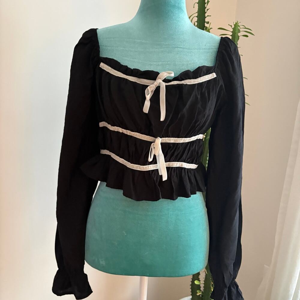 Romantic Black & White Peasant Blouse Bows Long Sleeve Milkmaid Crop Cottagecore